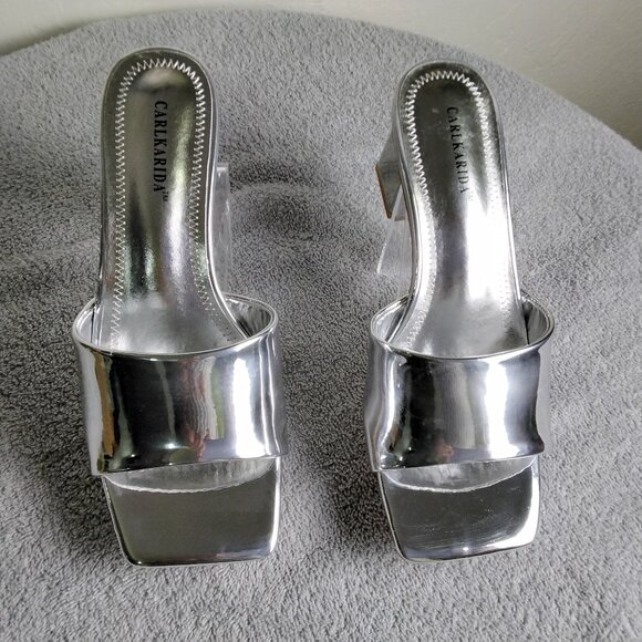 ✨ Carlkarida Silver Metallic Block Heel Mules Size 7 - Picture 1 of 9